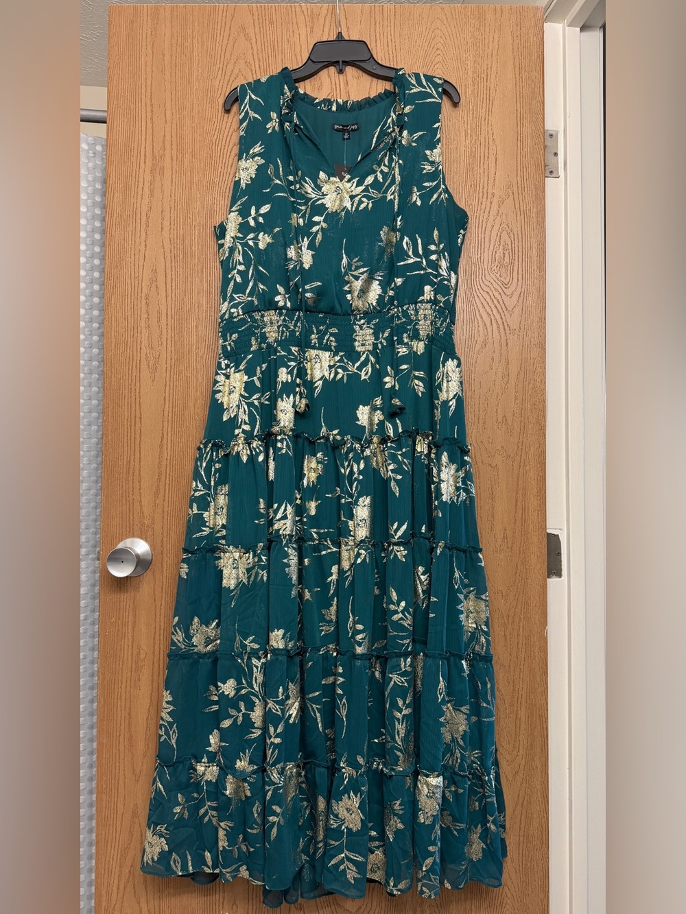 Dark green and metallic gold floral maxi dress